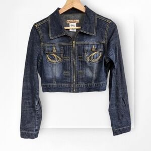Paris Blues Cropped Jean Jacket Dark Denim Zip Stud Details Medium